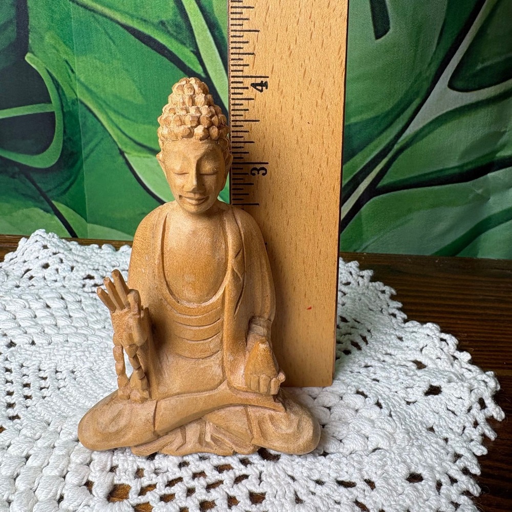 Wooden Buddha Meditating with Beads Wood Hand Carved Statue Figurine Zen Boho - Picture 2 of 9